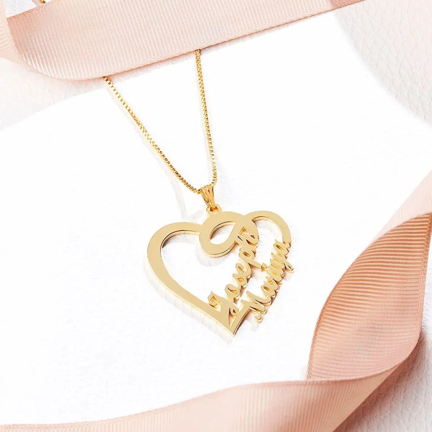 Couple Double Heart Name Necklace - Name Strings
