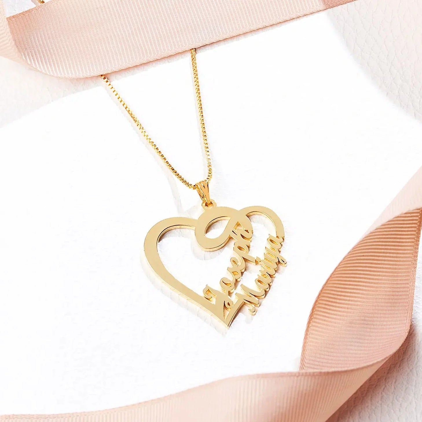Couple Double Heart Name Necklace - Name Strings