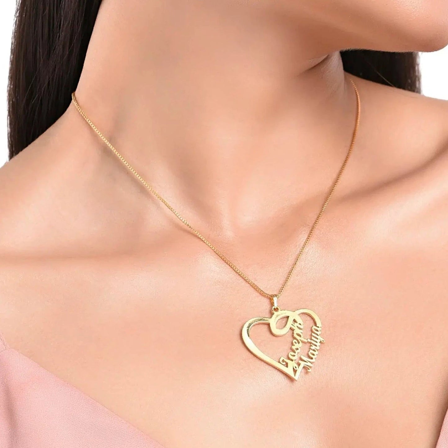 Couple Double Heart Name Necklace - Name Strings